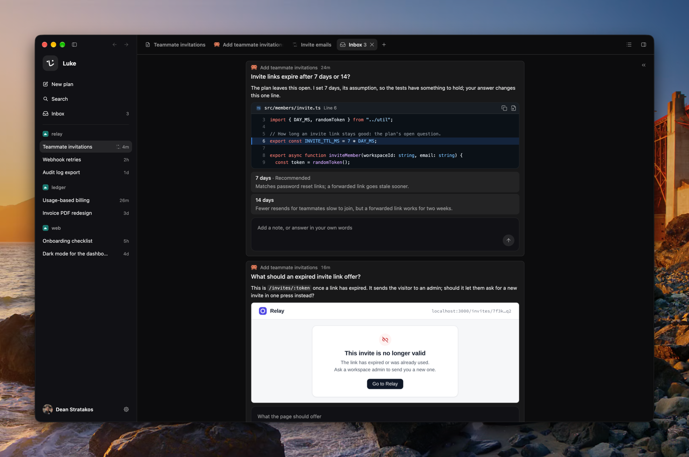 A plan's Inbox tab with a coding agent's decision over the lines of code it is about, and a question carrying a picture the agent took, while the sidebar's Inbox counts three.